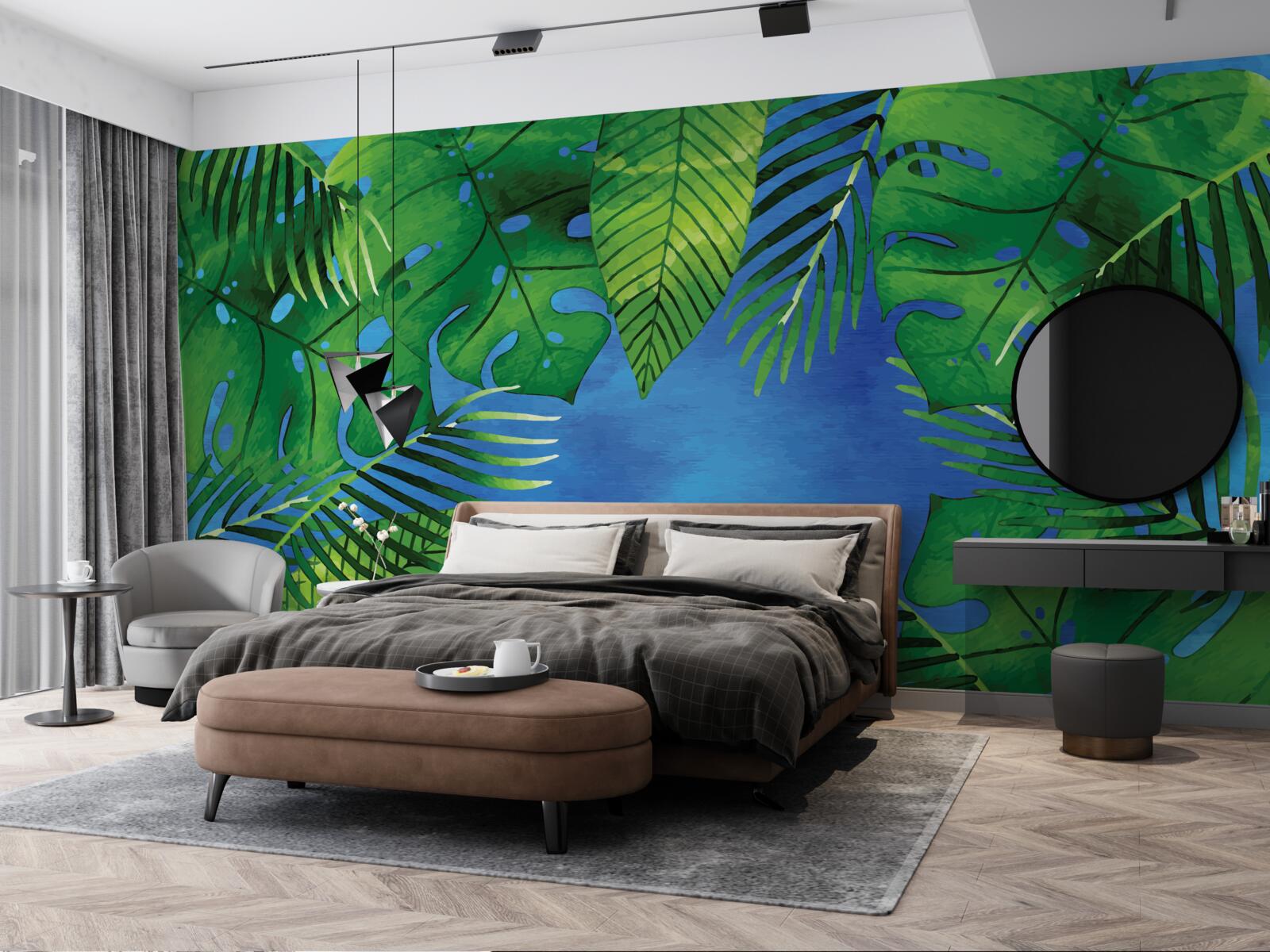 Fotobehang tropische bladeren openen zich naar een blauwe hemel