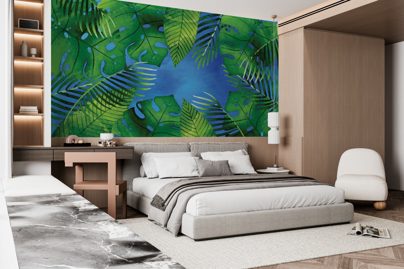 Fotobehang tropische bladeren openen zich naar een blauwe hemel