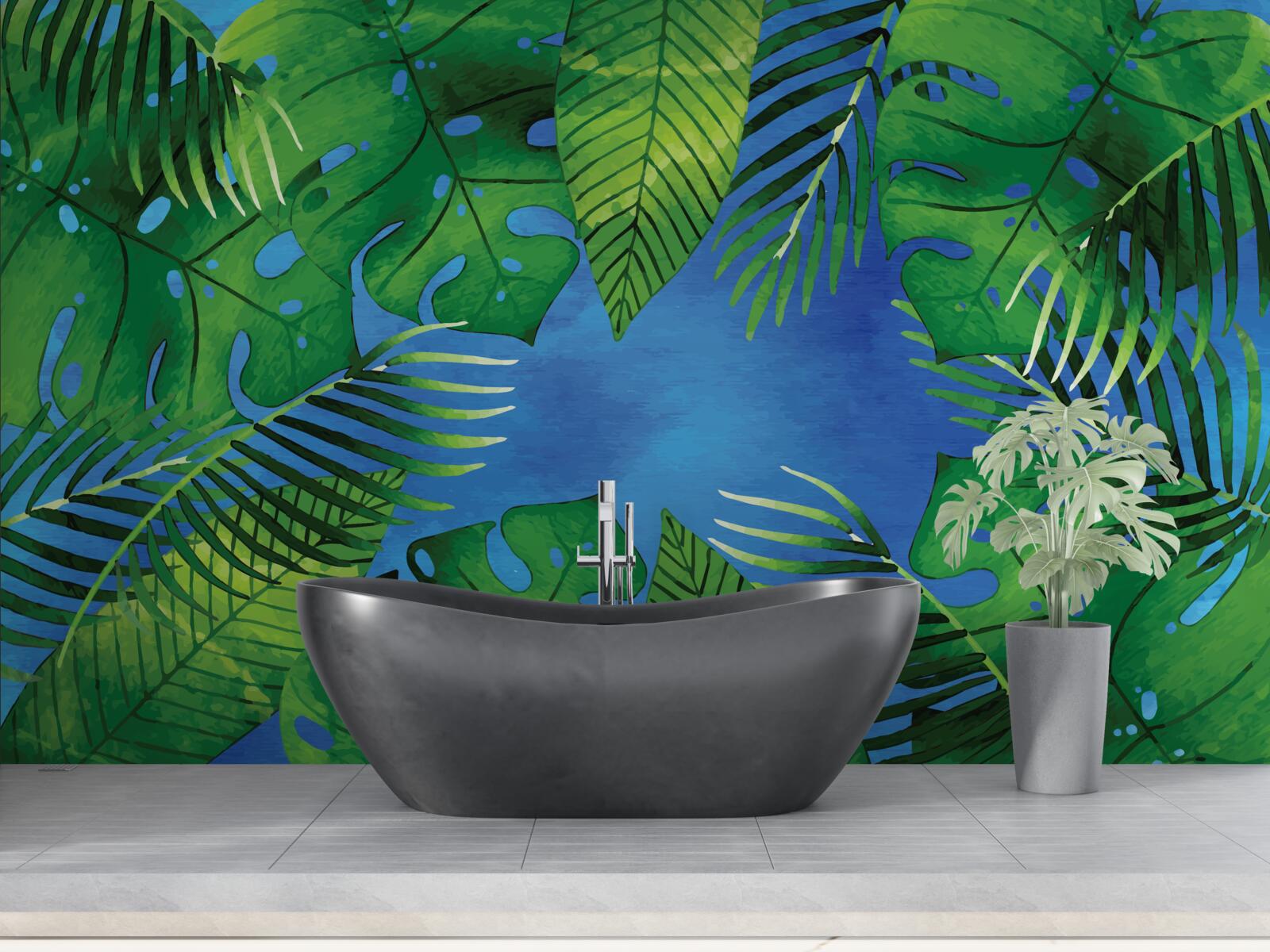 Fotobehang tropische bladeren openen zich naar een blauwe hemel