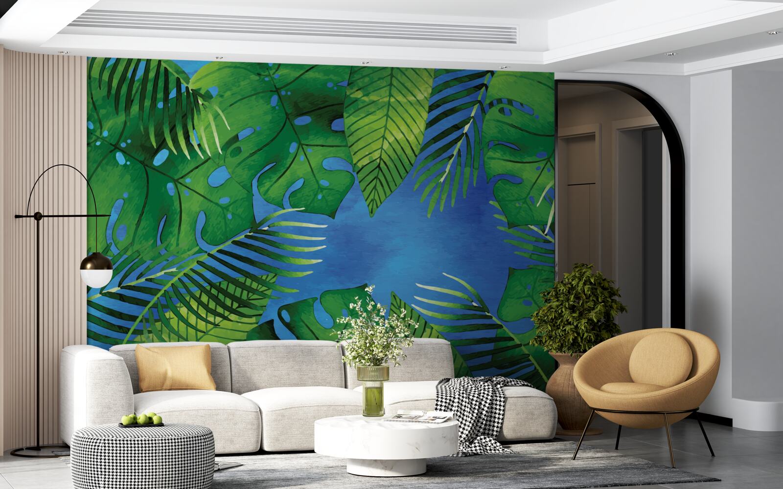 Fotobehang tropische bladeren openen zich naar een blauwe hemel