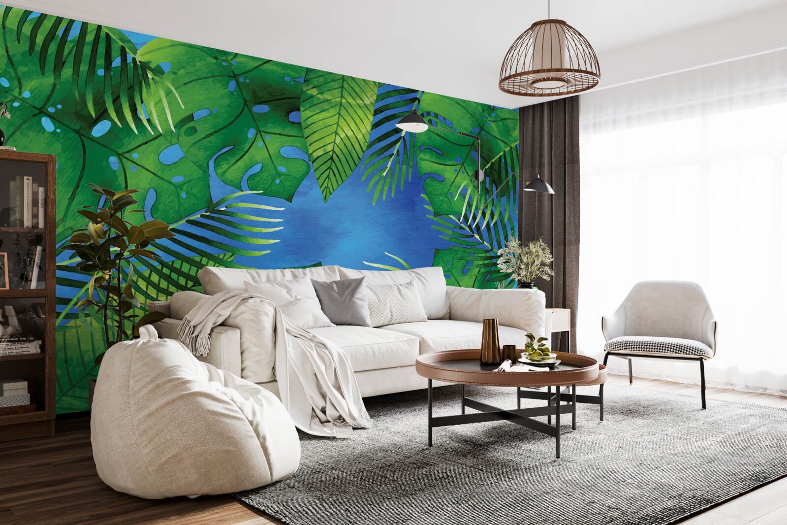 Fotobehang tropische bladeren openen zich naar een blauwe hemel