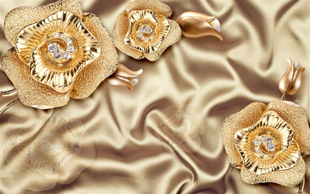 Fotobehang gouden details op zijde versierd met bronzen bloemen