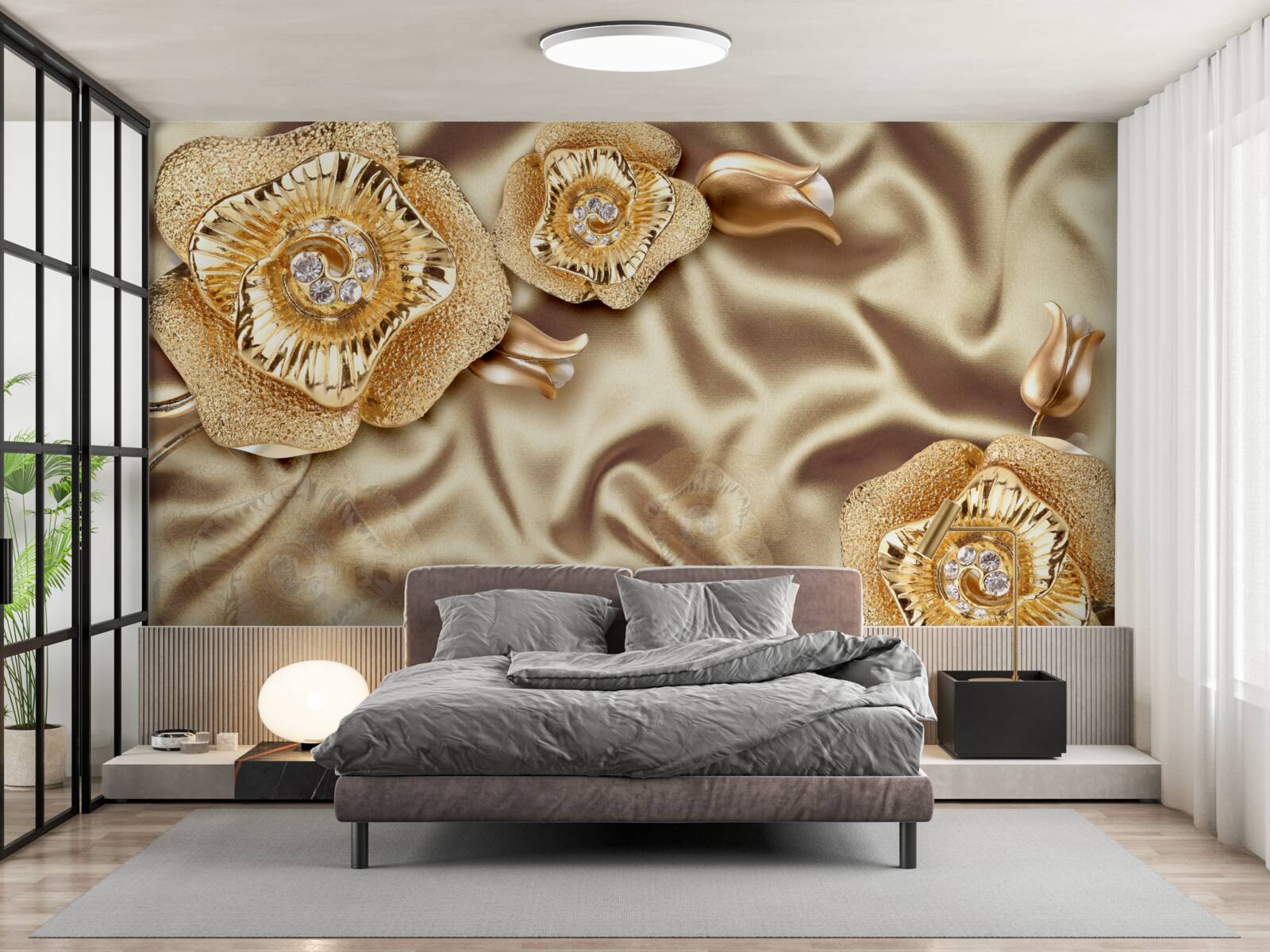 Fotobehang gouden details op zijde versierd met bronzen bloemen