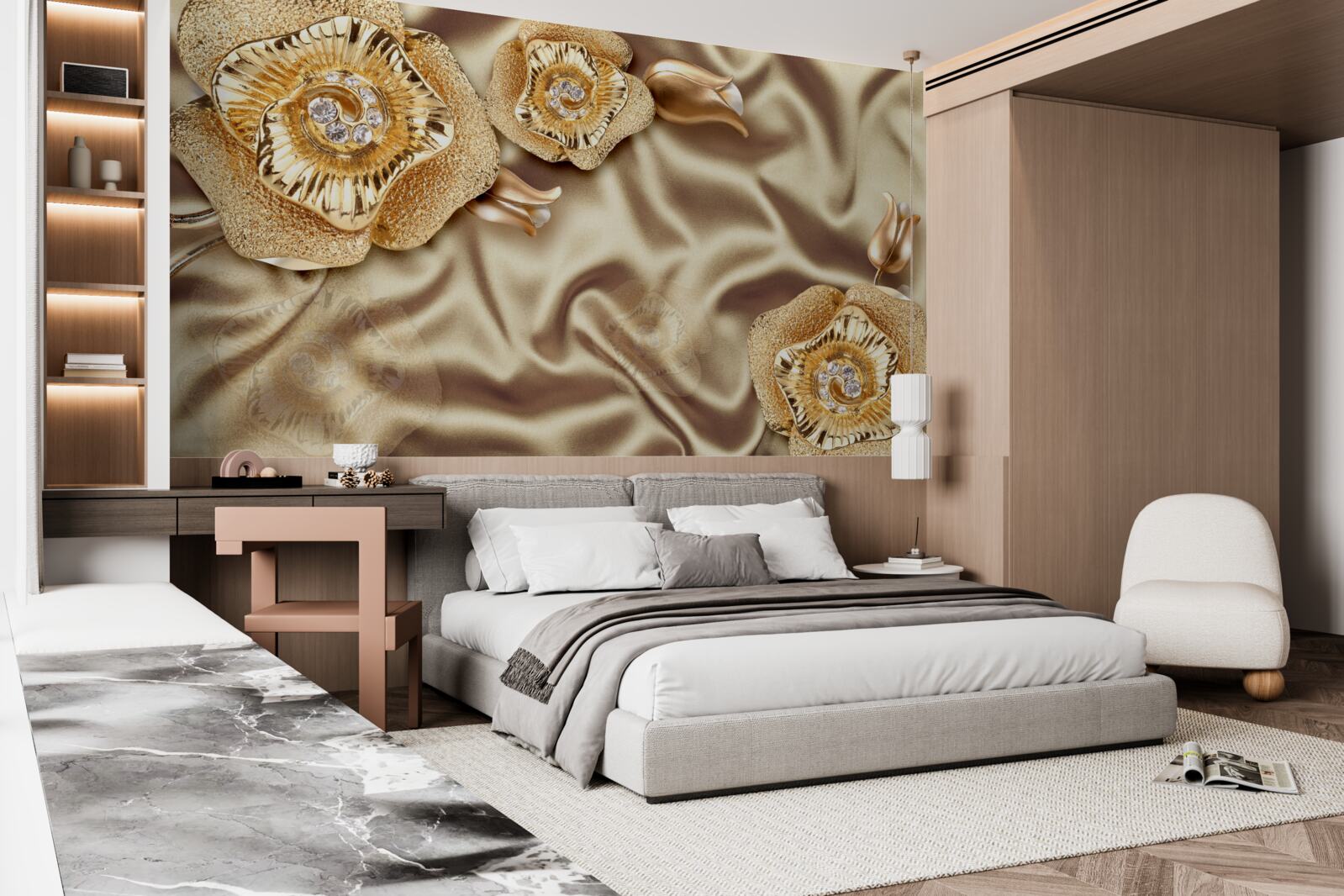 Fotobehang gouden details op zijde versierd met bronzen bloemen