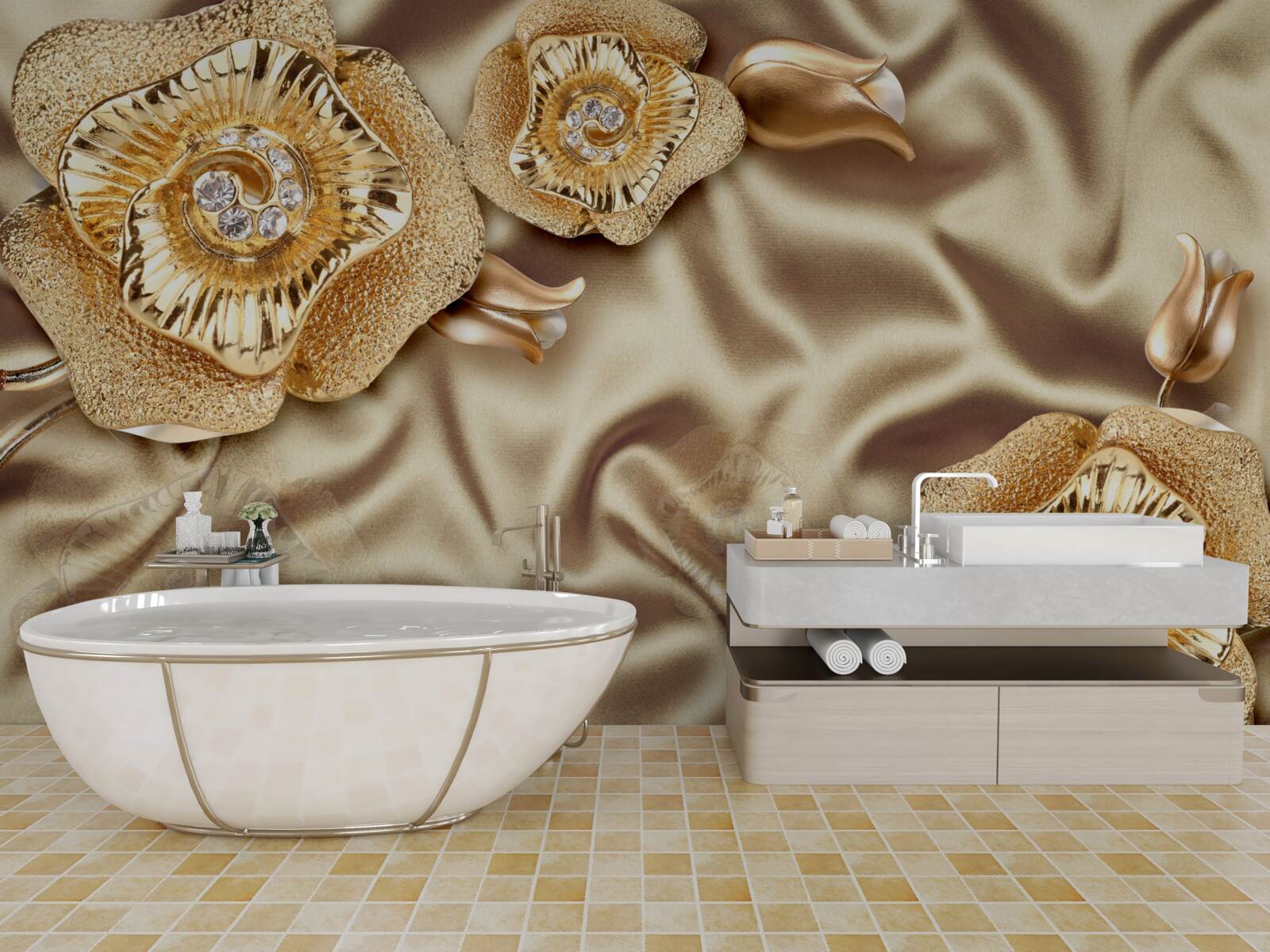 Fotobehang gouden details op zijde versierd met bronzen bloemen