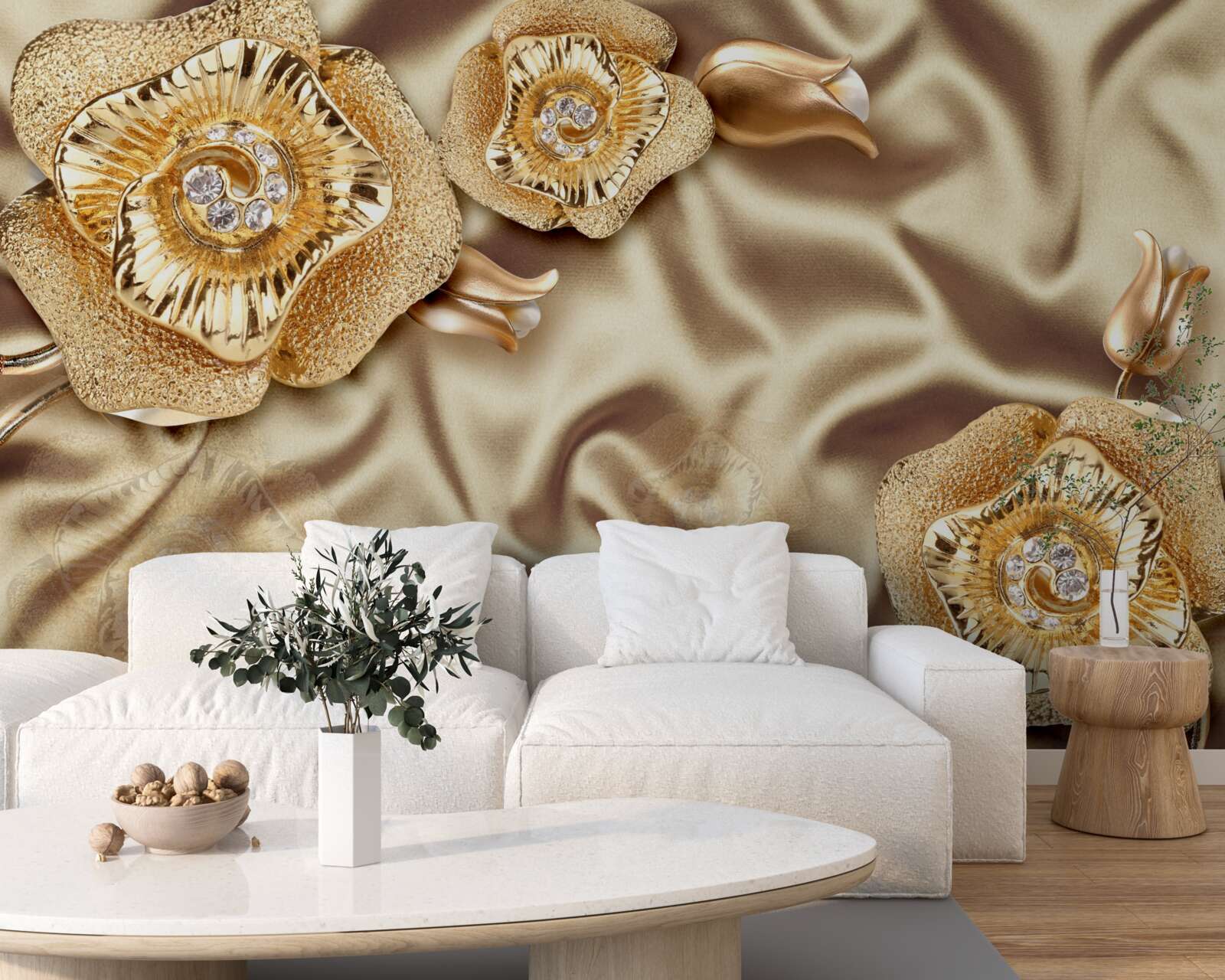 Fotobehang gouden details op zijde versierd met bronzen bloemen