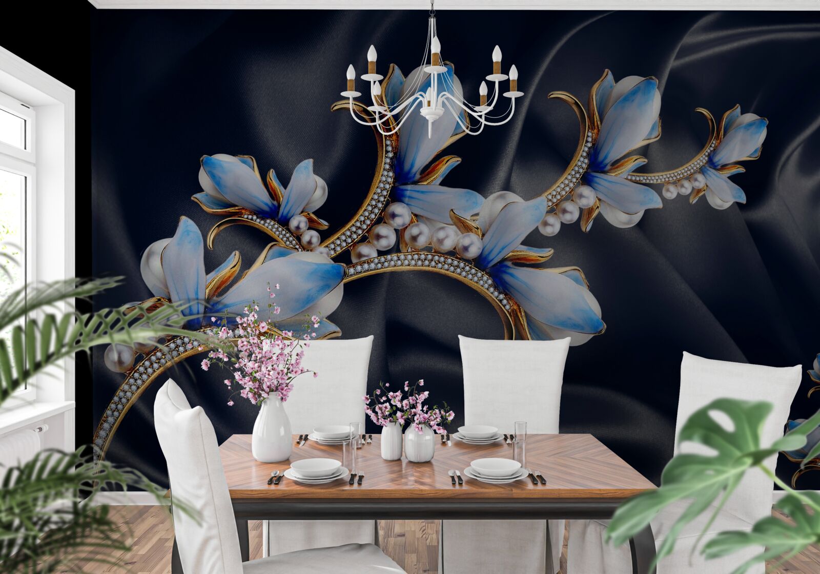 Fotobehang takken van een magnoliaboom die zijn blauwe bloesems nog niet heeft geopend