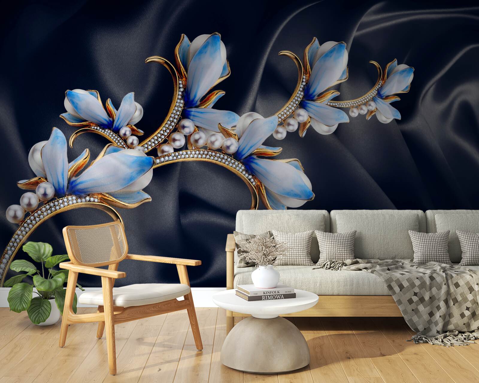 Fotobehang takken van een magnoliaboom die zijn blauwe bloesems nog niet heeft geopend