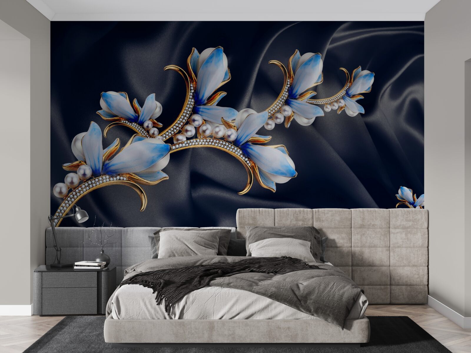 Fotobehang takken van een magnoliaboom die zijn blauwe bloesems nog niet heeft geopend