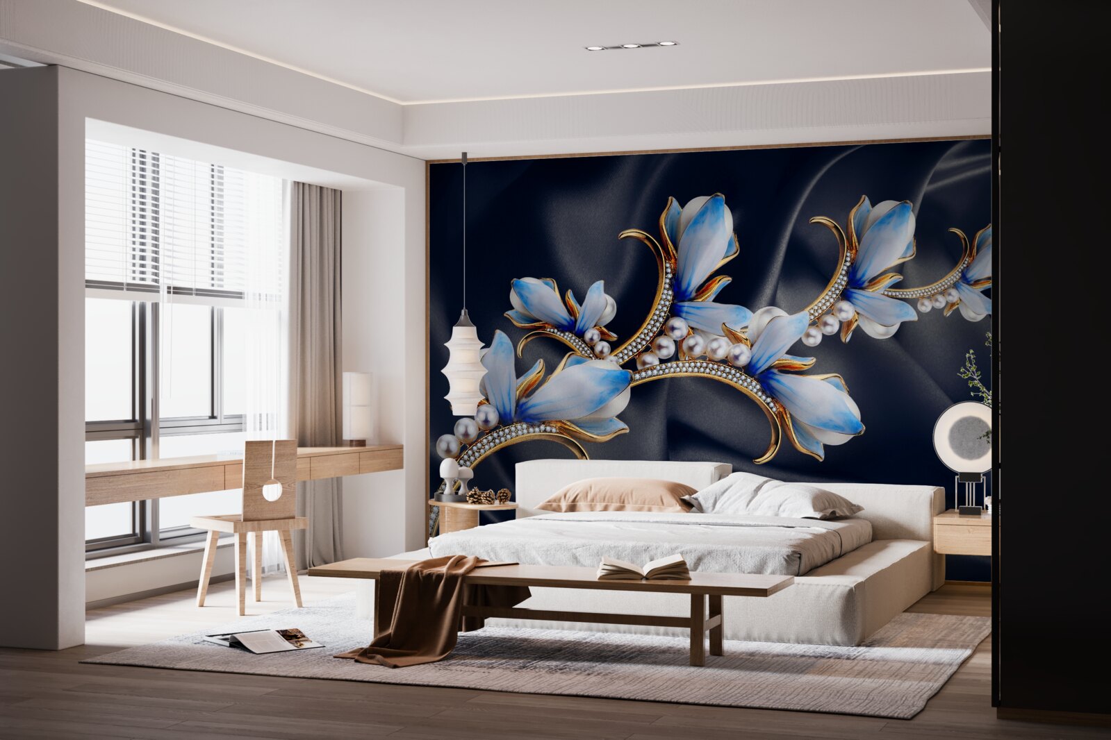 Fotobehang takken van een magnoliaboom die zijn blauwe bloesems nog niet heeft geopend