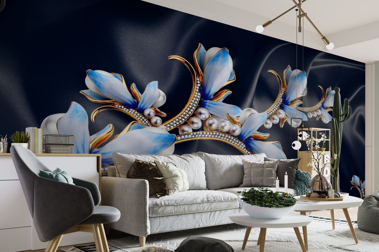 Fotobehang takken van een magnoliaboom die zijn blauwe bloesems nog niet heeft geopend