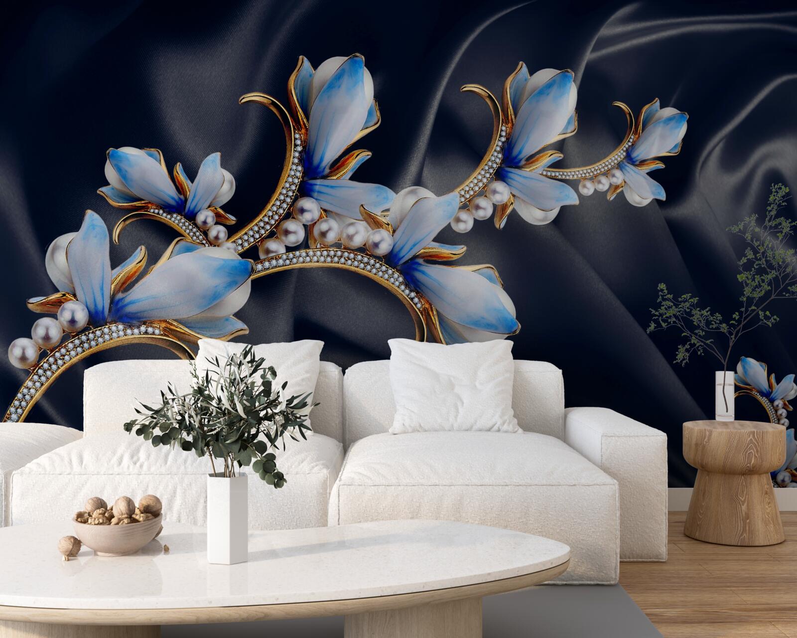 Fotobehang takken van een magnoliaboom die zijn blauwe bloesems nog niet heeft geopend