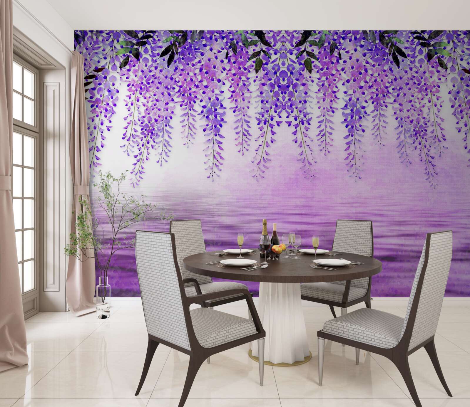 Fotobehang blauwe regen met een paarse tint tegen een achtergrond van dezelfde kleur