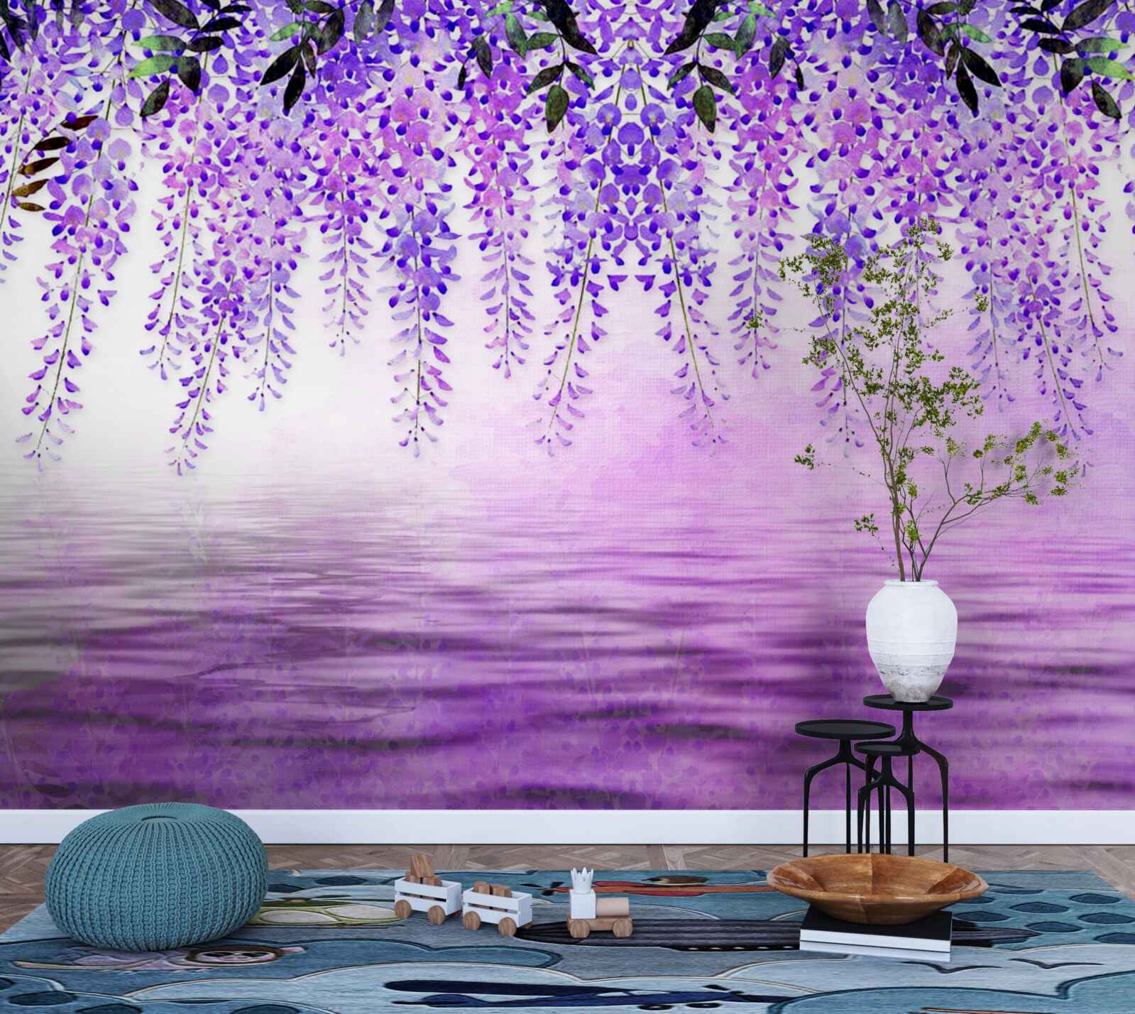 Fotobehang blauwe regen met een paarse tint tegen een achtergrond van dezelfde kleur