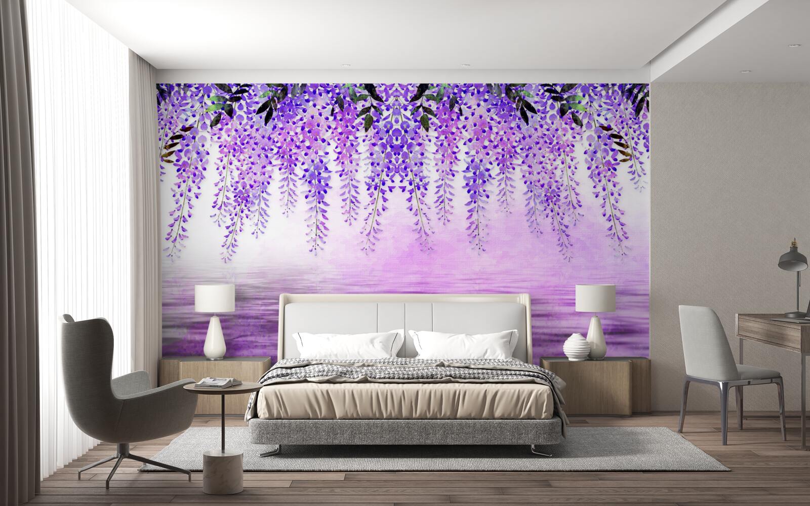 Fotobehang blauwe regen met een paarse tint tegen een achtergrond van dezelfde kleur