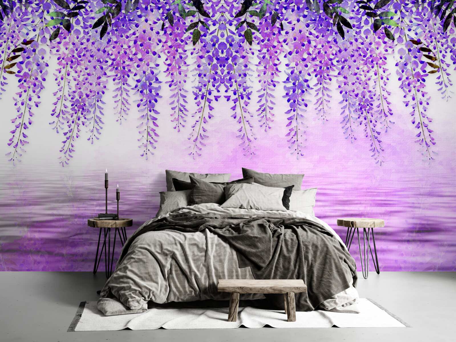 Fotobehang blauwe regen met een paarse tint tegen een achtergrond van dezelfde kleur