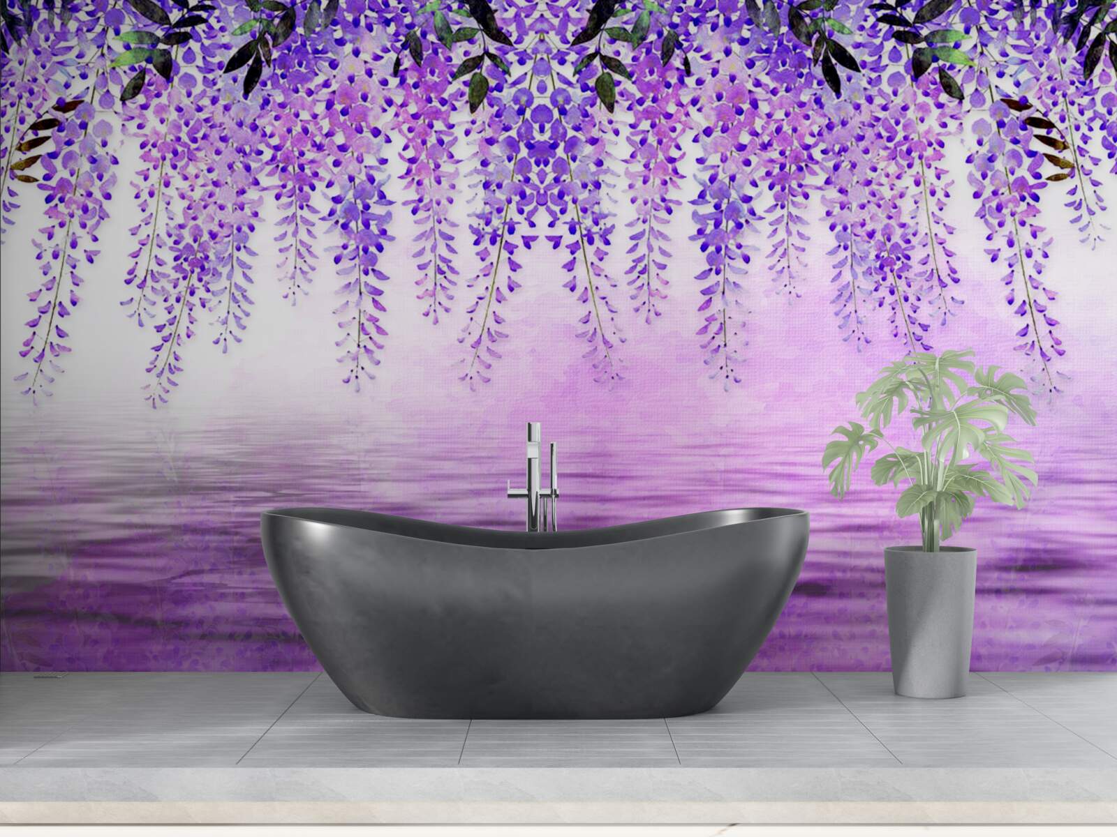 Fotobehang blauwe regen met een paarse tint tegen een achtergrond van dezelfde kleur