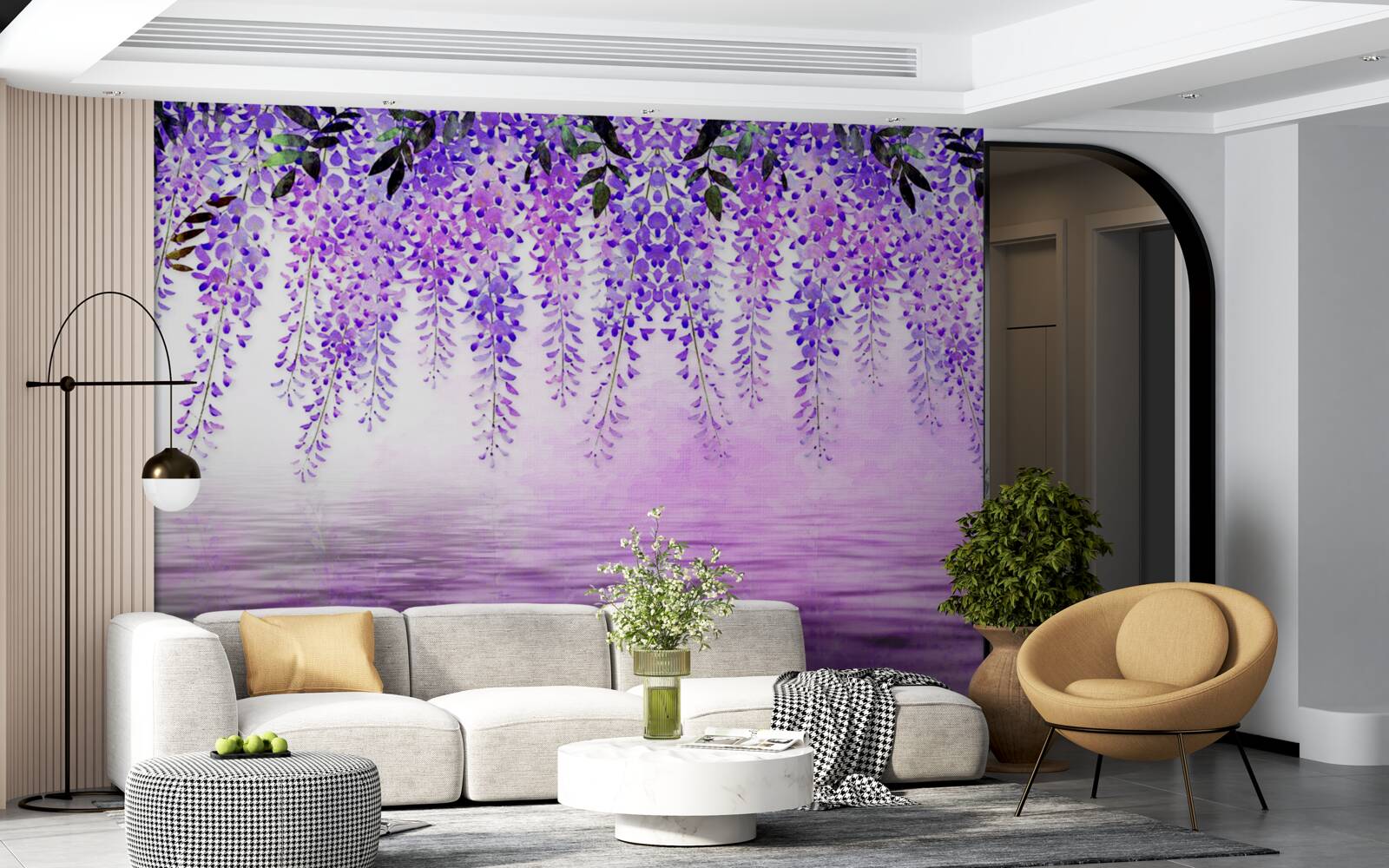 Fotobehang blauwe regen met een paarse tint tegen een achtergrond van dezelfde kleur