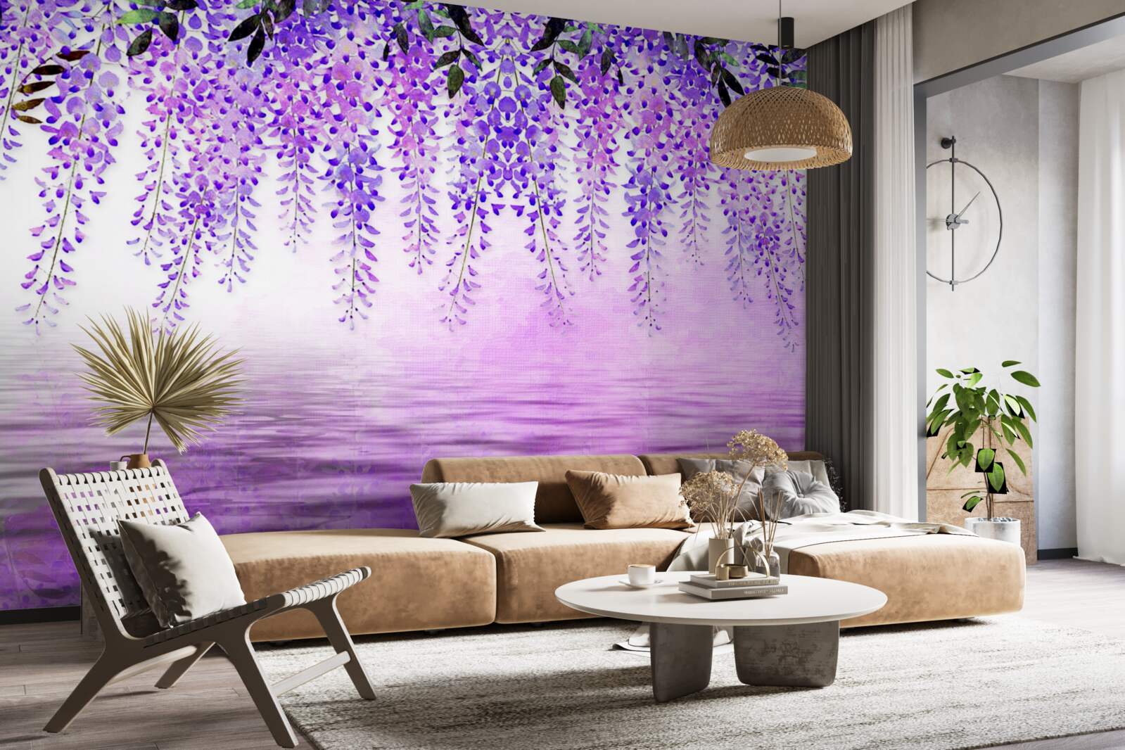 Fotobehang blauwe regen met een paarse tint tegen een achtergrond van dezelfde kleur