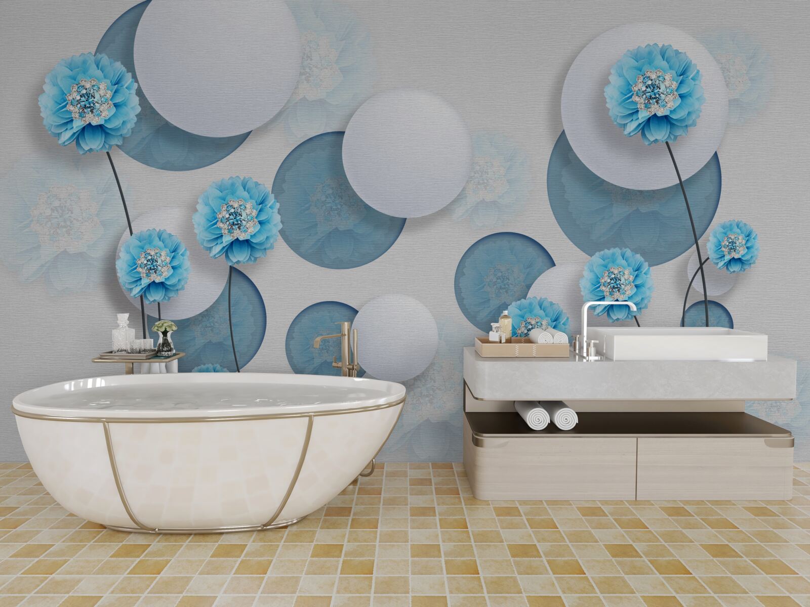 Fotobehang abstracte en blauwe anjers