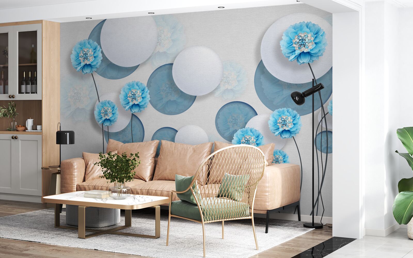 Fotobehang abstracte en blauwe anjers