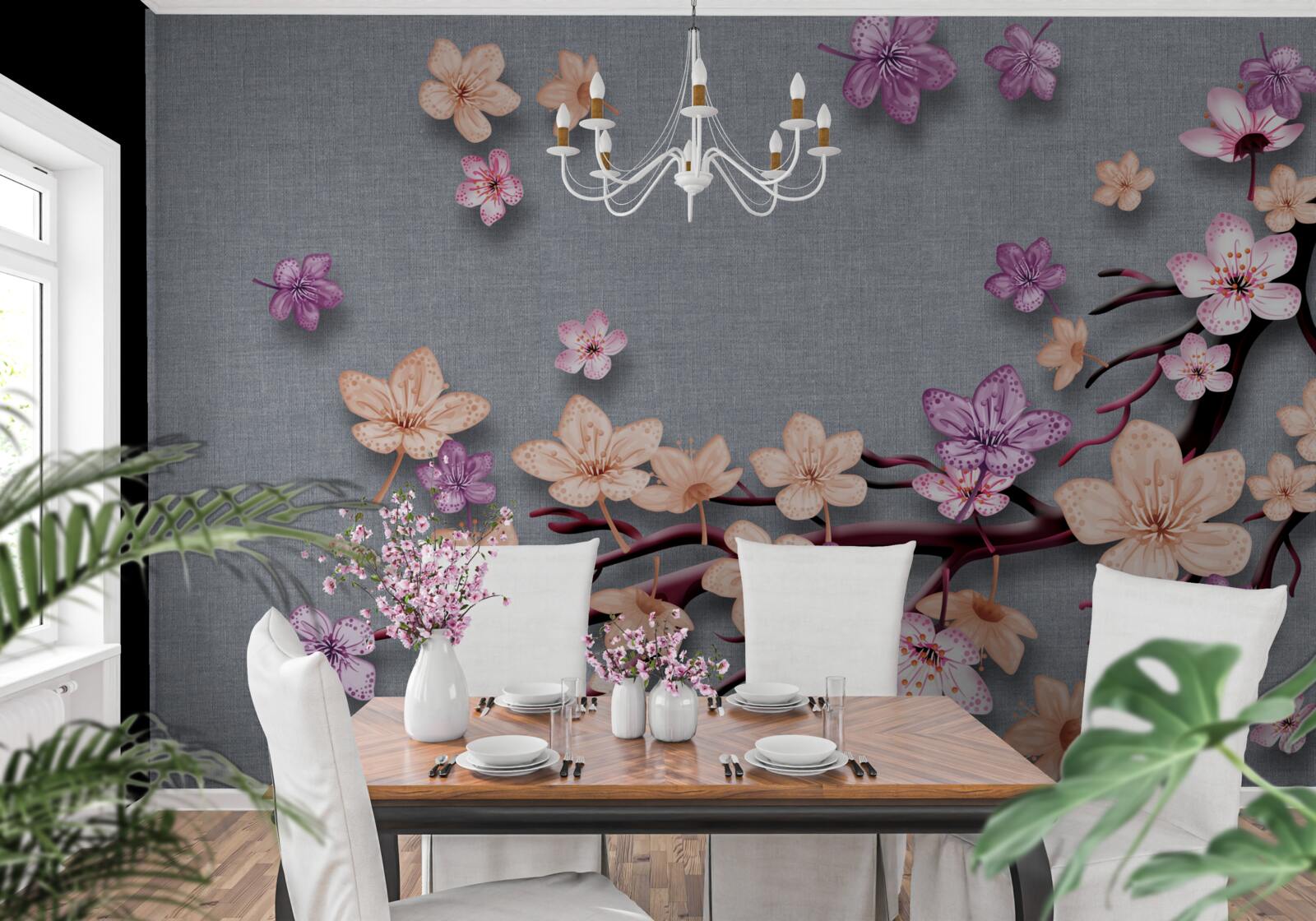 Fotobehang de tak is versierd met kleine bloemen