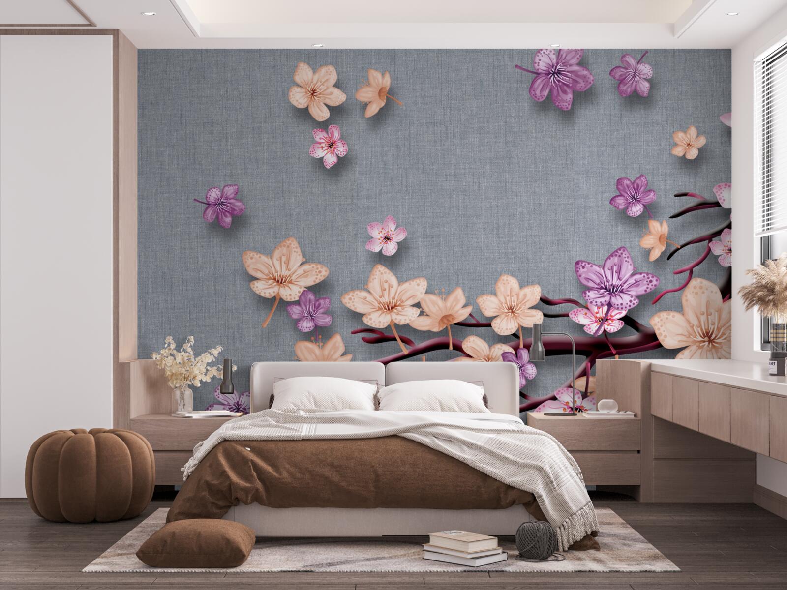 Fotobehang de tak is versierd met kleine bloemen