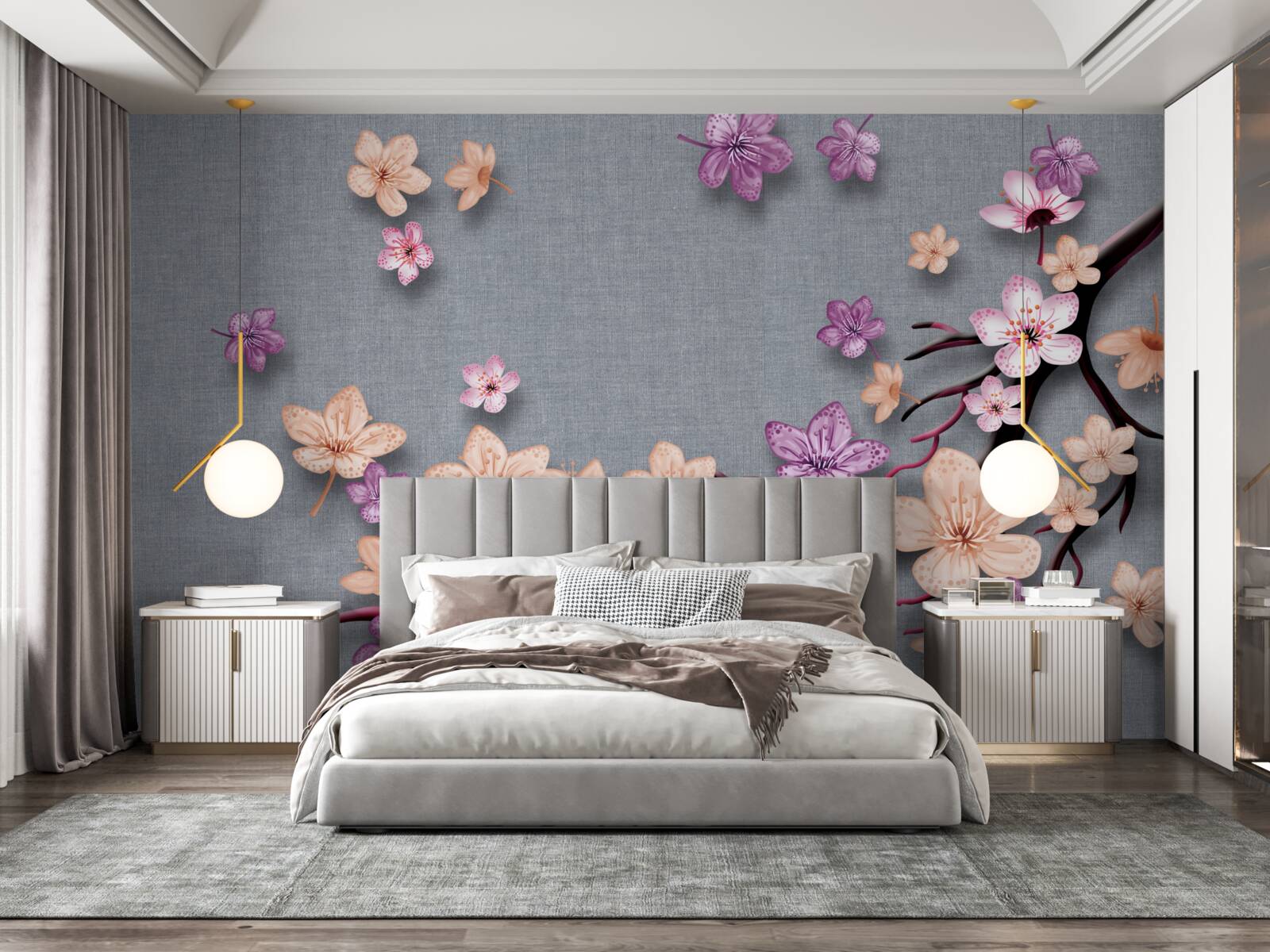 Fotobehang de tak is versierd met kleine bloemen