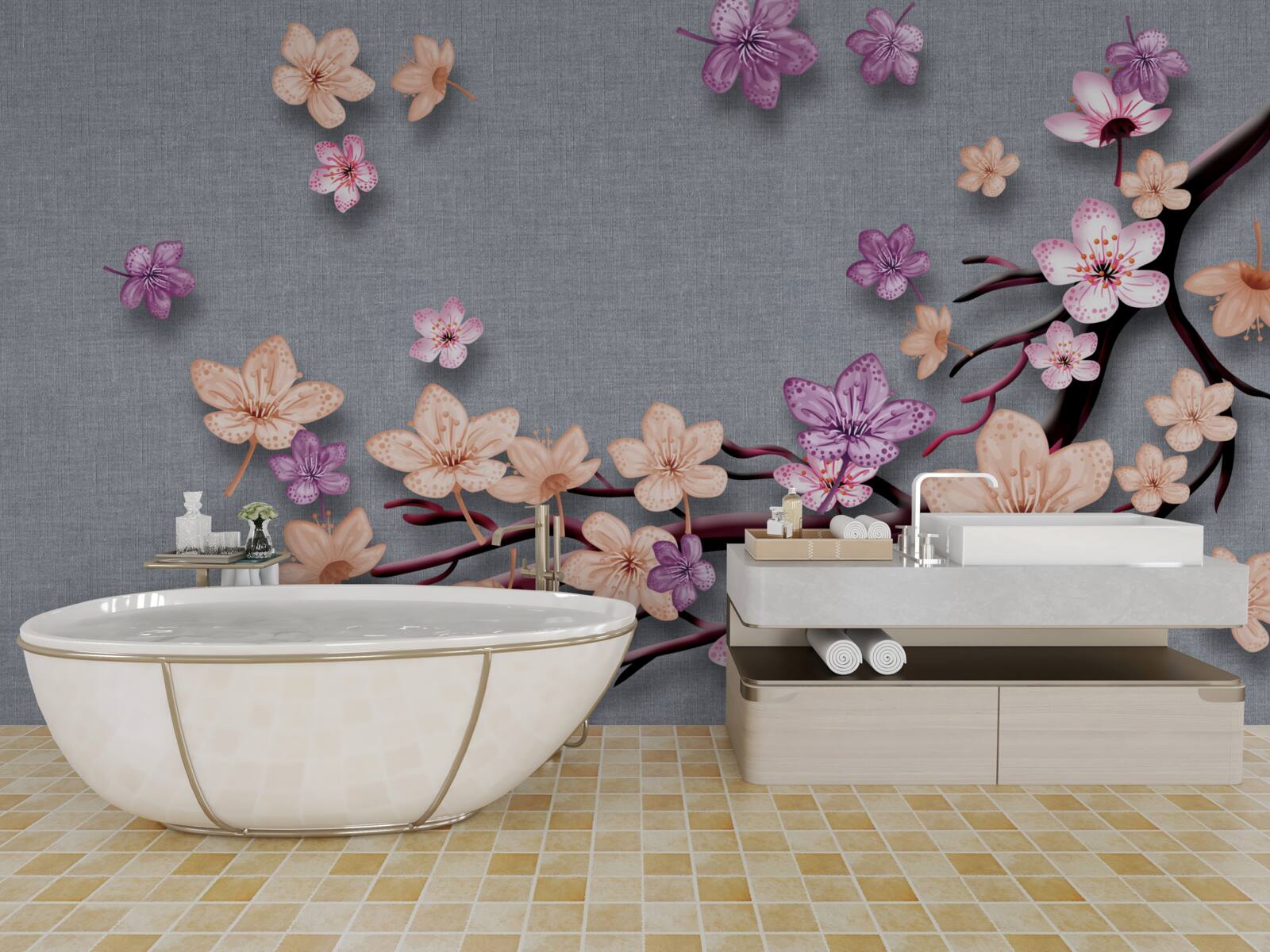 Fotobehang de tak is versierd met kleine bloemen