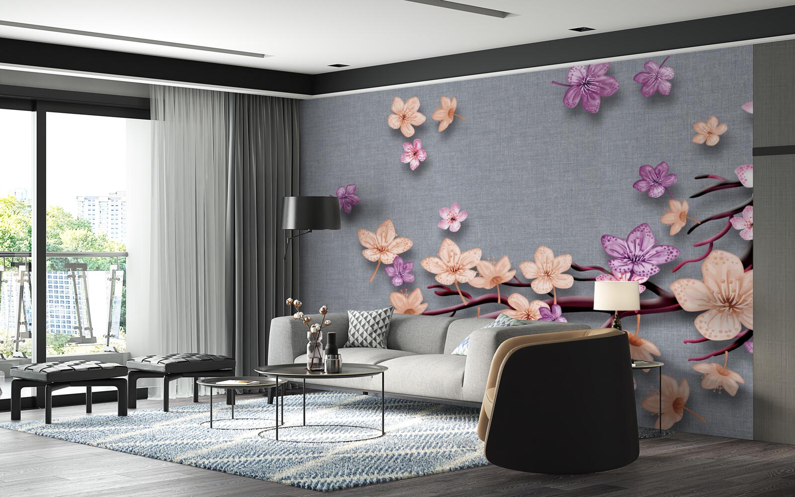 Fotobehang de tak is versierd met kleine bloemen