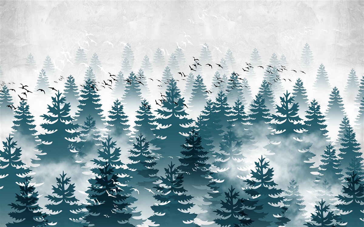 Fotobehang een mistige sluier omhulde het naaldbos