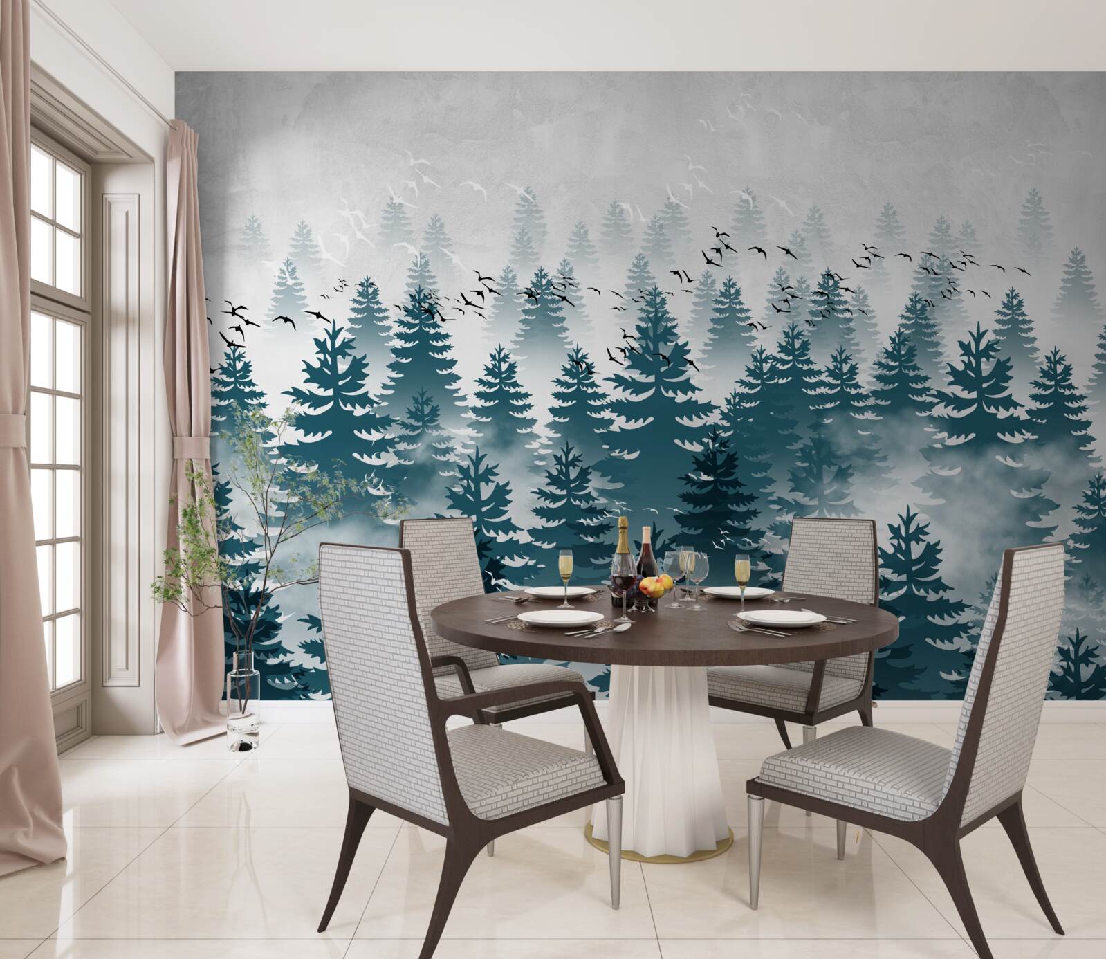 Fotobehang een mistige sluier omhulde het naaldbos