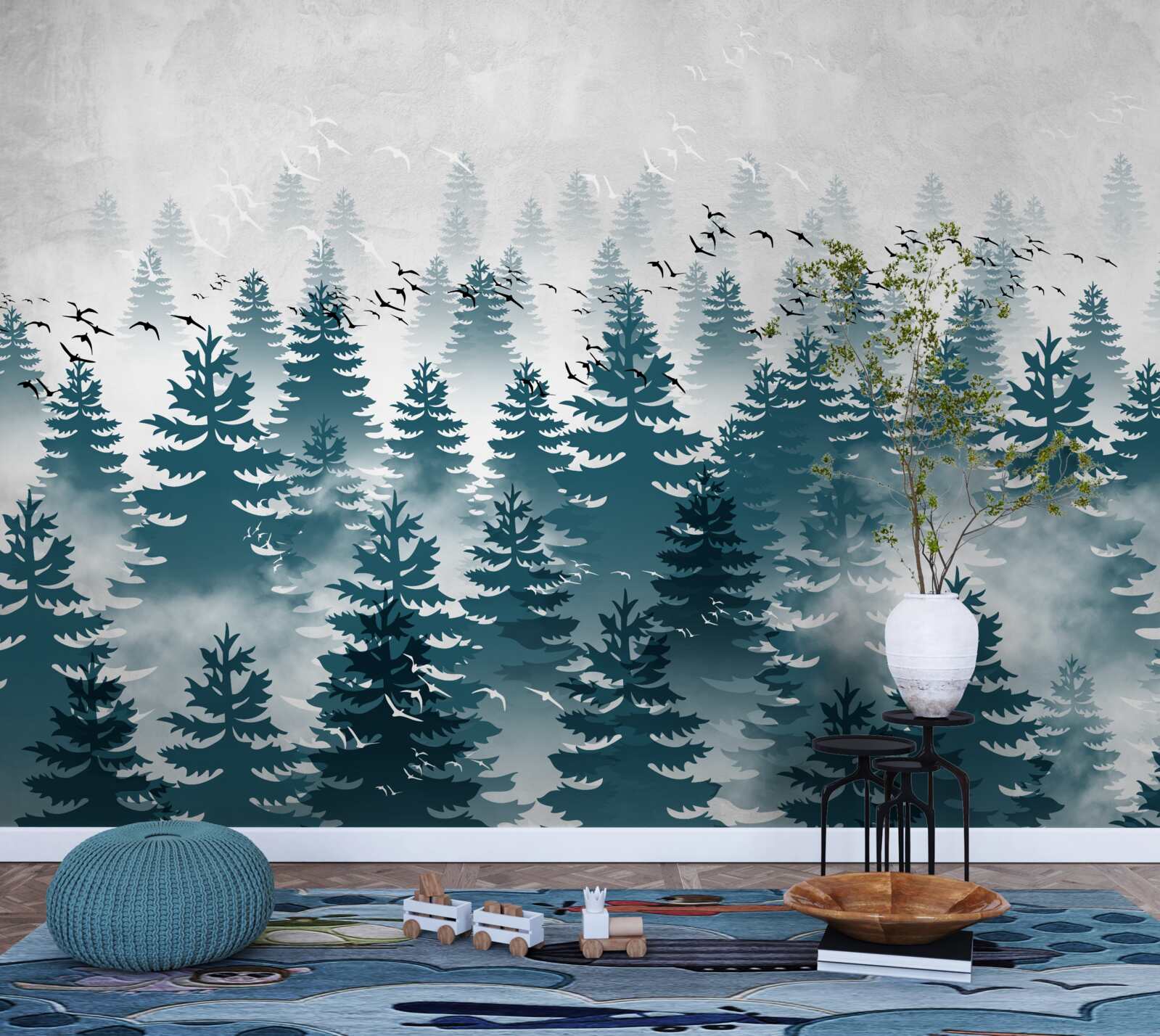 Fotobehang een mistige sluier omhulde het naaldbos