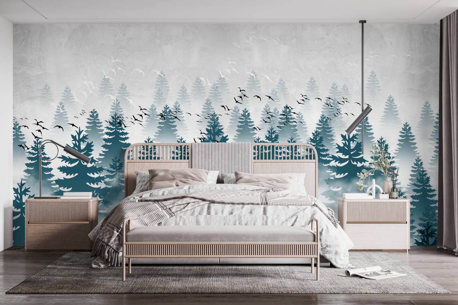 Fotobehang een mistige sluier omhulde het naaldbos