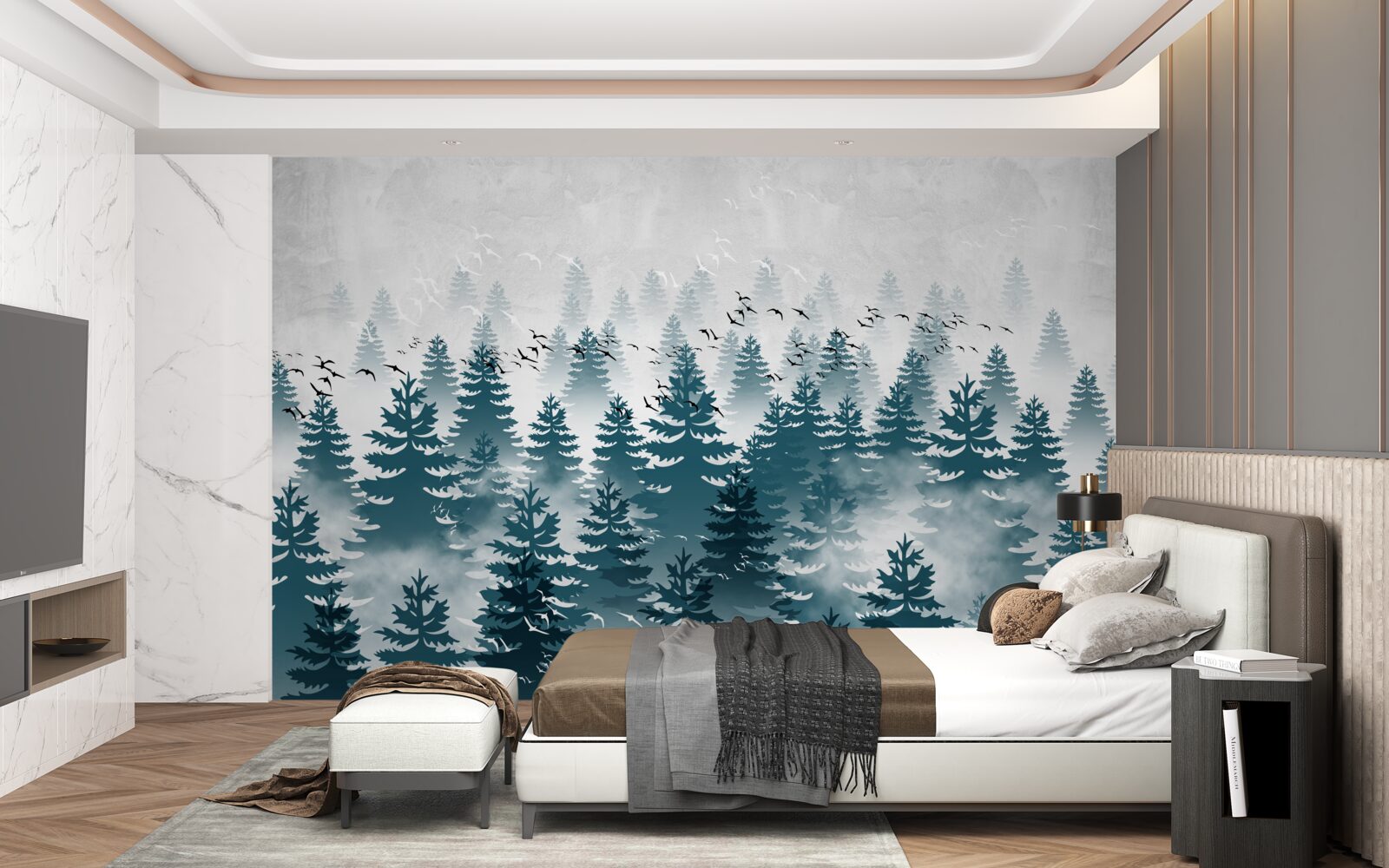 Fotobehang een mistige sluier omhulde het naaldbos