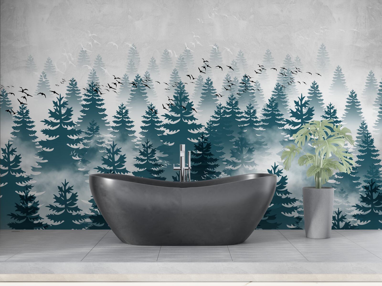 Fotobehang een mistige sluier omhulde het naaldbos