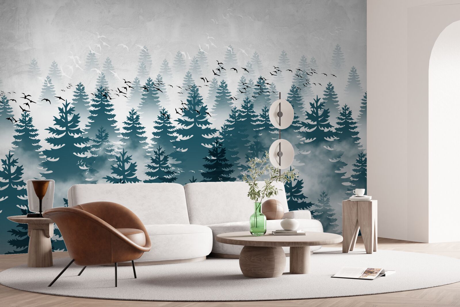 Fotobehang een mistige sluier omhulde het naaldbos