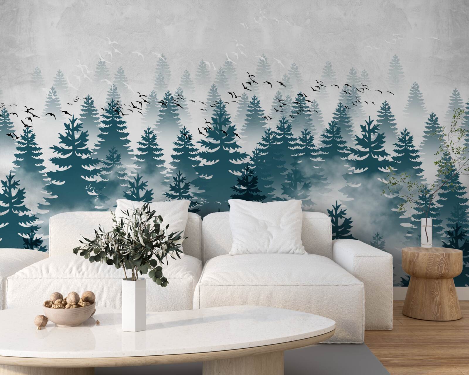 Fotobehang een mistige sluier omhulde het naaldbos