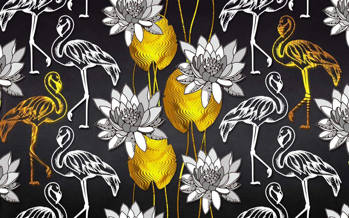 Fotobehang gouden planten en witte flamingo's