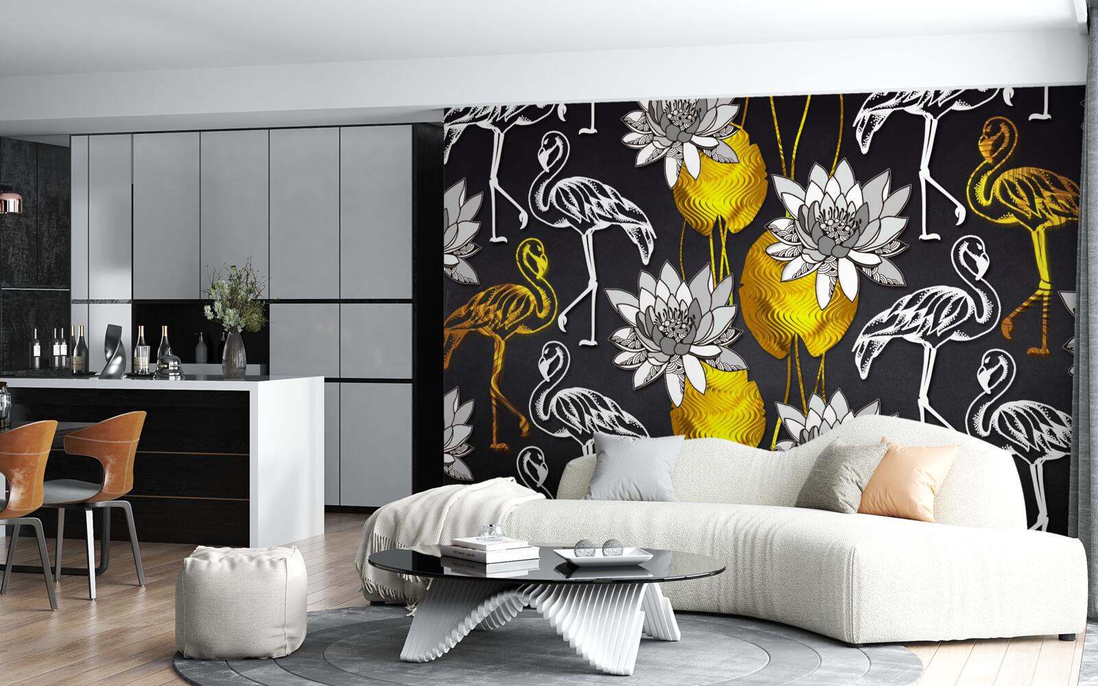 Fotobehang gouden planten en witte flamingo's