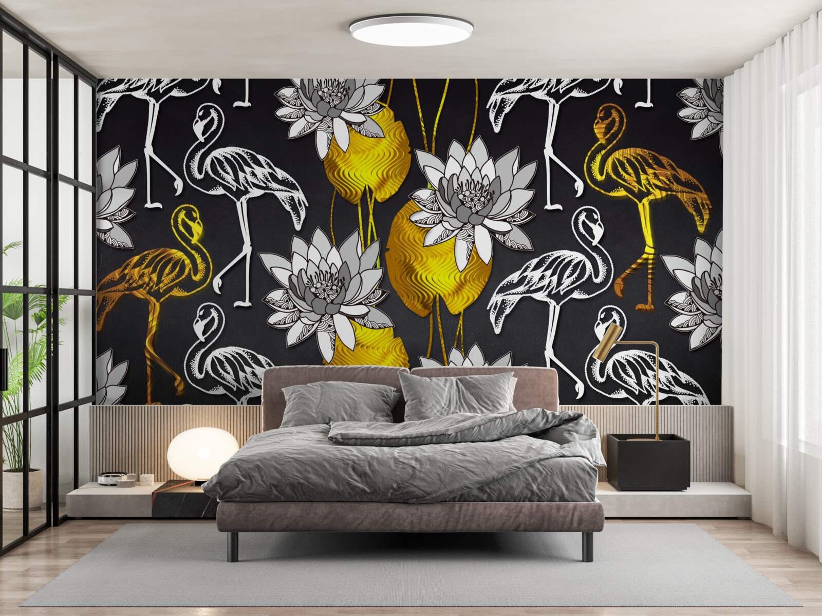 Fotobehang gouden planten en witte flamingo's