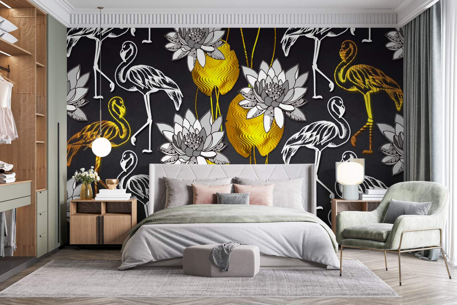 Fotobehang gouden planten en witte flamingo's