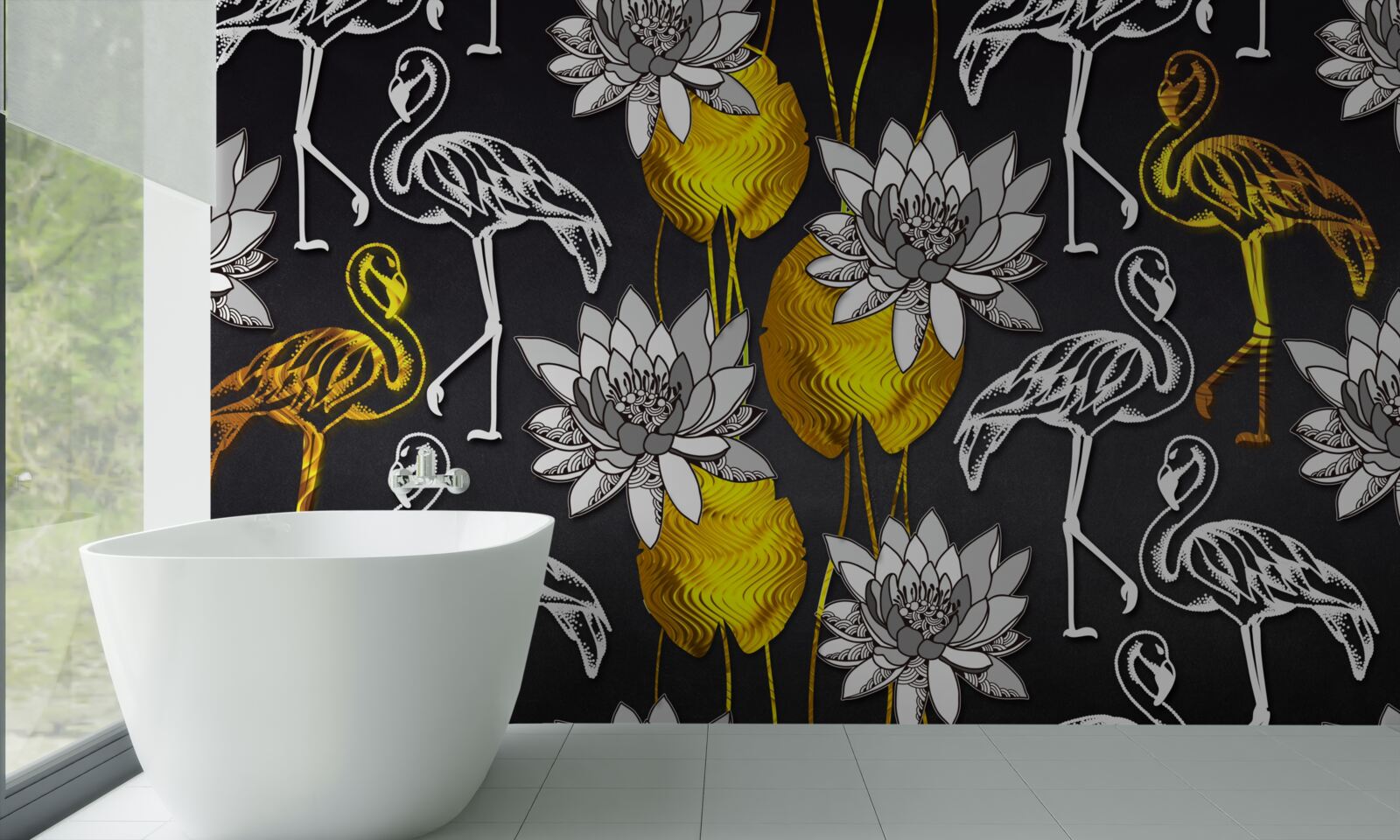 Fotobehang gouden planten en witte flamingo's