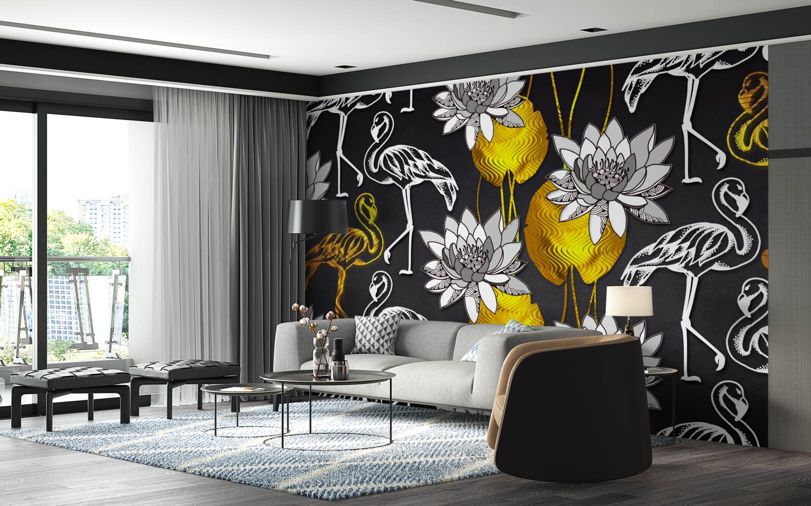 Fotobehang gouden planten en witte flamingo's