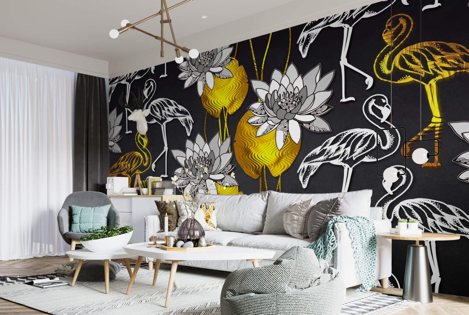 Fotobehang gouden planten en witte flamingo's