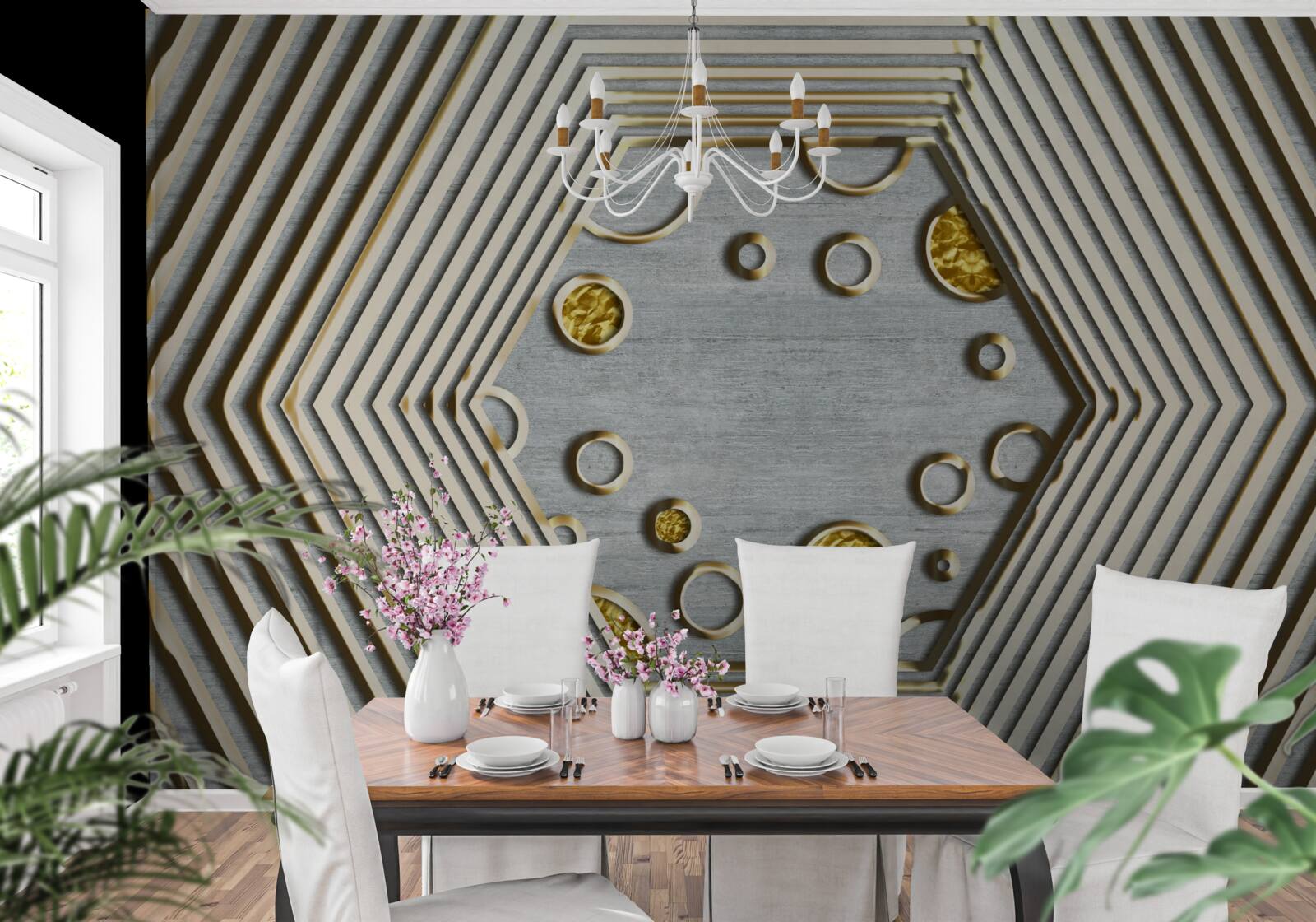 Fotobehang zilveren zeshoek met gouden kap