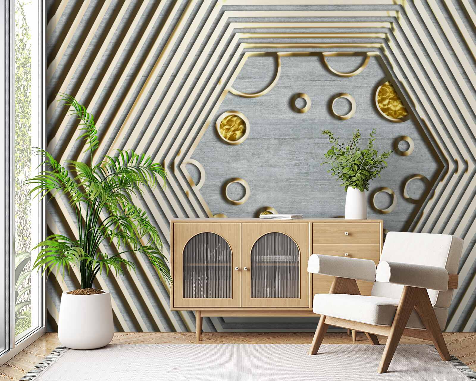 Fotobehang zilveren zeshoek met gouden kap