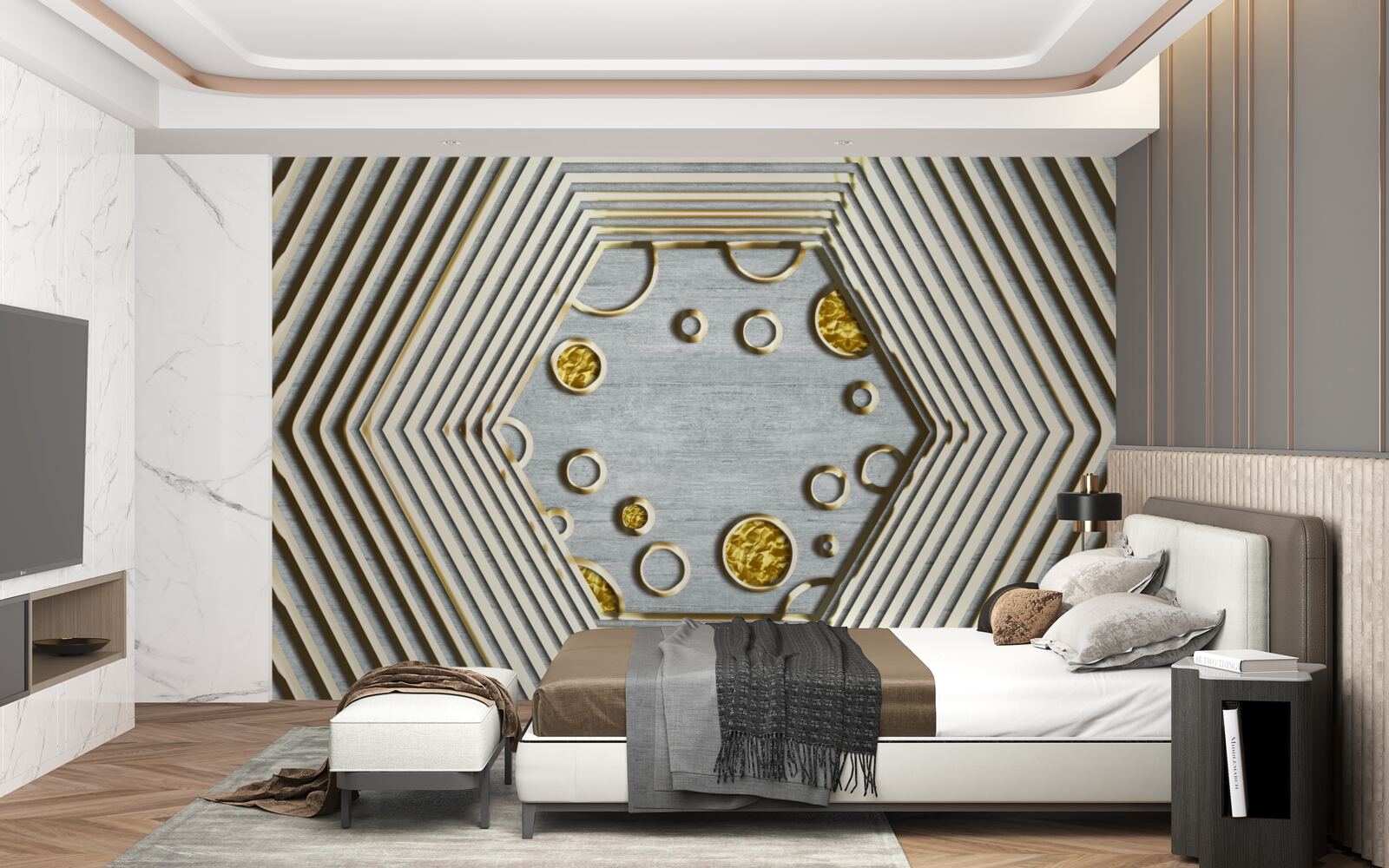 Fotobehang zilveren zeshoek met gouden kap