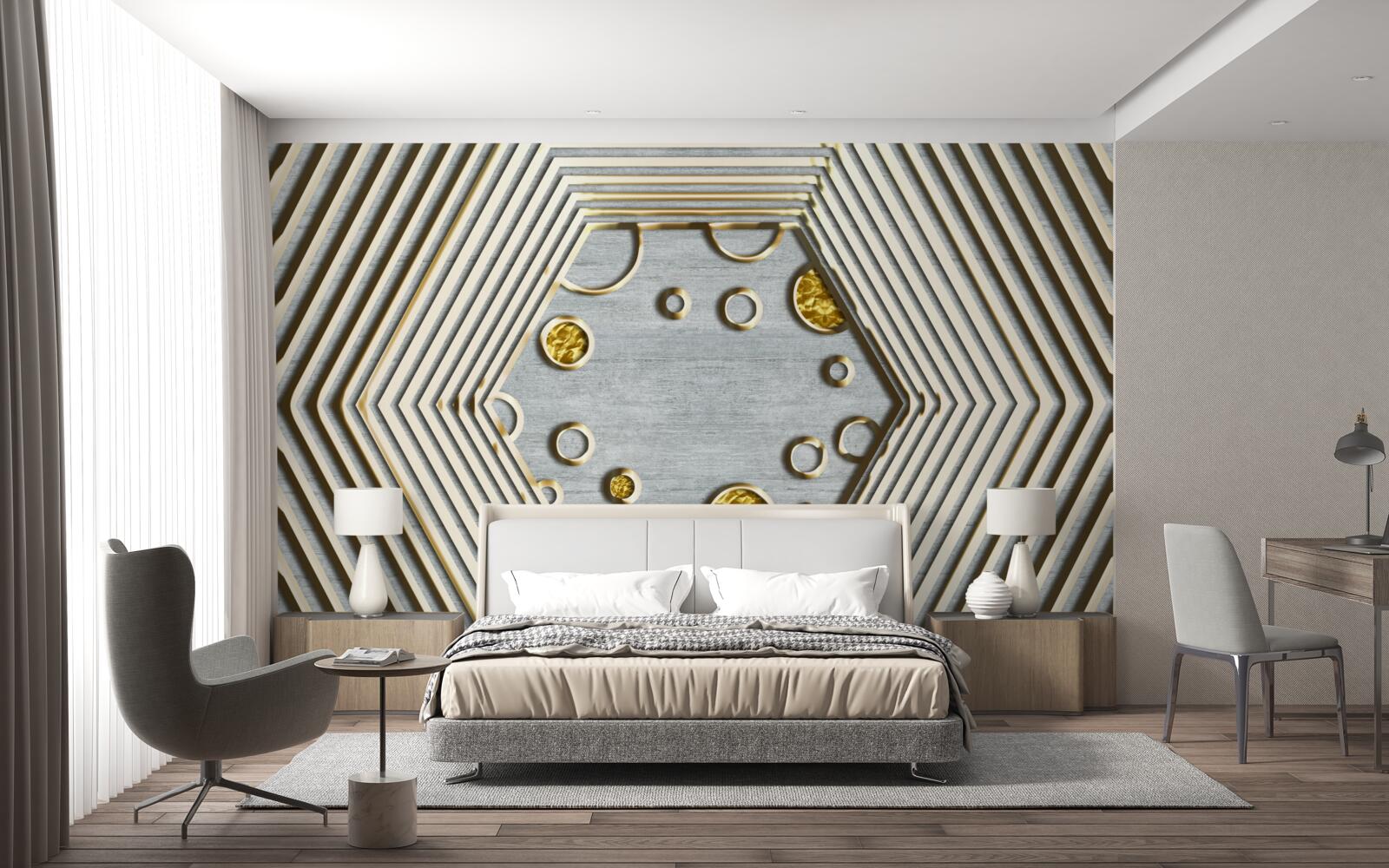 Fotobehang zilveren zeshoek met gouden kap