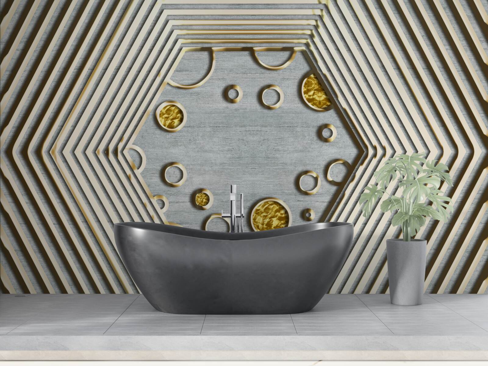 Fotobehang zilveren zeshoek met gouden kap